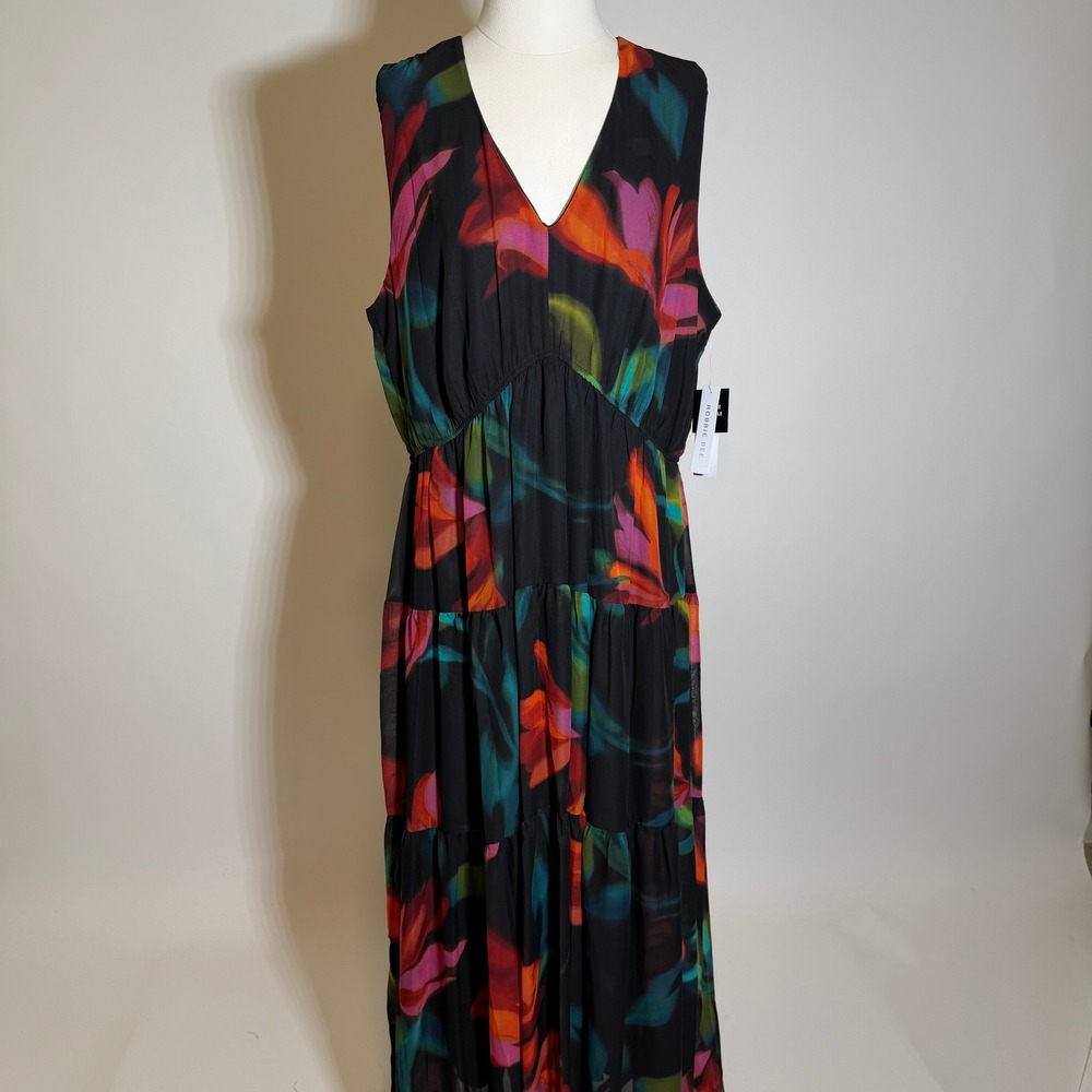 NWD Robbie Bee Black Floral Tiered Maxi Dress Sleeveless Womens Plus Size 18